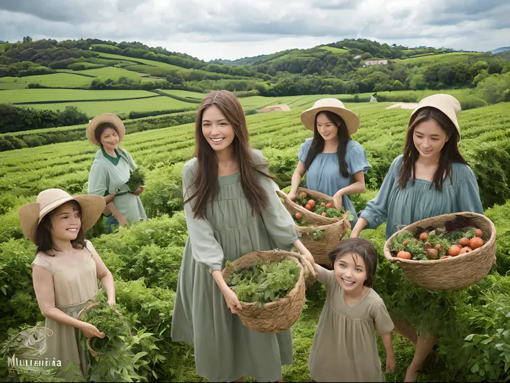 Peasant woman together with her family making their harvests, muita alegria nos rostos de todos, Scenery with rich details of verdant countryside, green plantaçoes，imagem 8k raw, Gorgeous sky with light rain clouds.