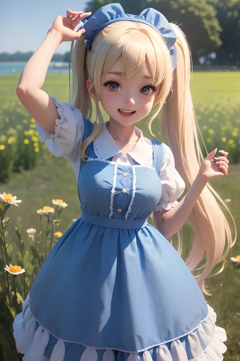 ( absurdly , High quality , ultra-detailliert ),Summer at noon、on the coast、(()),High school girl with long blonde twin tails、(((field day))),Blue Maid Clothes、with a red ribbon on the head,,,、3D anime girl rendering,great laughter,Selfie wind