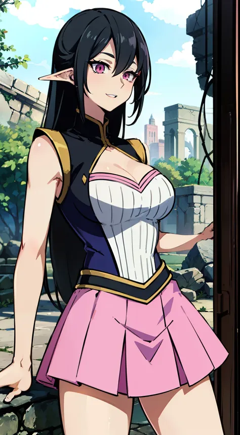 masterpiece, best quality,gloria tyler, black hair, pink eyes,elve ear, happy, long hair, large breasts,sleeveless,pink skirt, (...