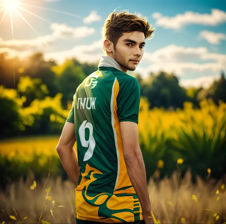 there is a young man standing in a field,candid picture, wearing a jersey, looking back to the camera, clear face, greenery arou...