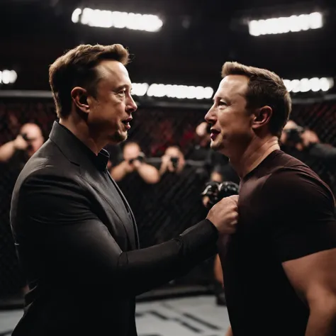 Create a image depicting elon musk hitting a punch to mark Zuckerberg in a ufc cage match with thousands of people watching them showing both mark and elons face.