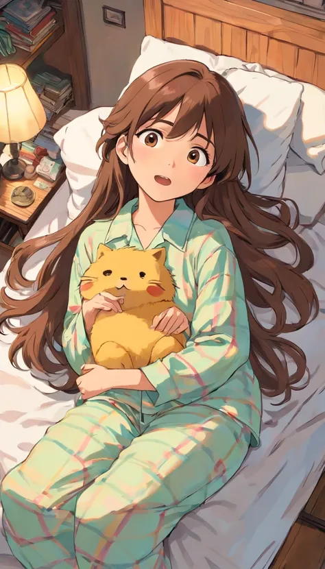 A girl with long brown hair,wearing pajama and shirt,lying in bed,with a surprise face,messy room.