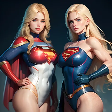 2 girls, supergirl vs powergirl, dc comics, , blond hair, beautiful face, perfect bodys , huge breast for power girl, normal breeast for super girl, superman logo background