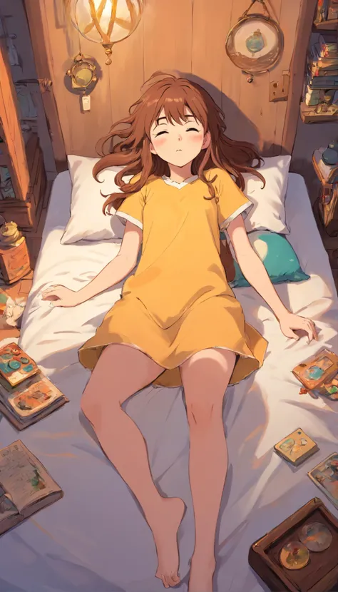 A girl with brown long hair,lying in bed,chaos room,shock face,wearing a decent sleeping wear.