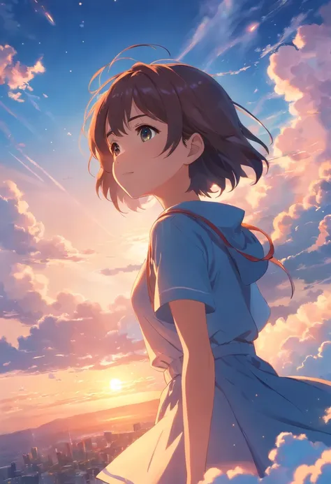 masterpiece, best quality, movie still, 1girl, cloud girl, floating in the sky, close-up, bright, happy, warm soft lighting, sunset, (sparks:0.7)