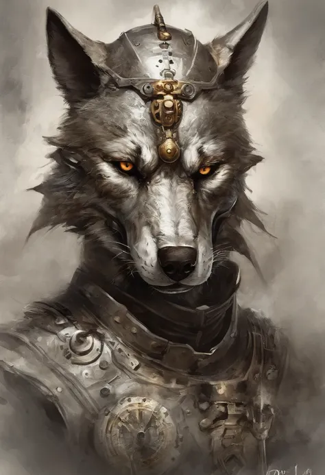 top-quality, Dramatic Lighting, menacing pose, fierce look, epic atmosphere, (((Helmet in the shape of a wolfs head))), (((Full body shot))),Wolves made of metal, cyborgs, Cyberpunk style, Clockwork, ((Intricate details)), nffsw, ((Intricate details, hyper...