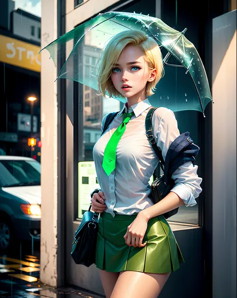 1girll, blond hairbl, Short hair, Blue eyes, White shirt, green necktie, Green skirt, City, rain, Detailed background