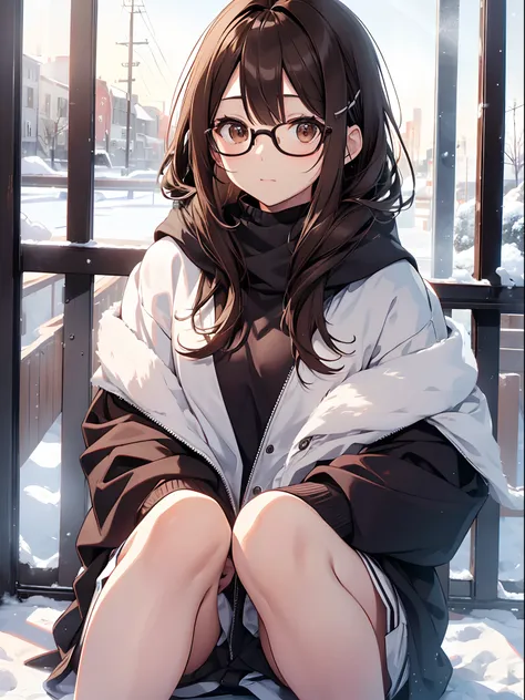 1人の女性、brown haired(Curta)、Brown eyes、Black-rimmed glasses、 Best Quality、ultra-detailliert、8K resolution、Raw photo、masutepiece、gorgeous faces、Perfect body、Winter scene、Playing in the snow