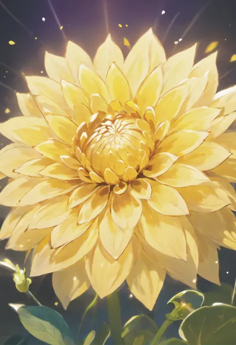 There are yellow flowers with stars in the background, a glowing delicate flower, Giant Dahlia Flower Head, Luminous flowers, Close-up of giant dahlia flower head, photorealistic detailed picture, Beautiful flowers, Drawing flowers, Yellow glowing magic, R...