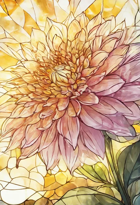 Beautiful, transparent, colorful and transparent glass,There are yellow flowers with stars on the background, a glowing delicate flower, Giant Dahlia Flower Head, Luminous flowers, Close-up of giant dahlia flower head, photorealistic detailed picture, Beau...