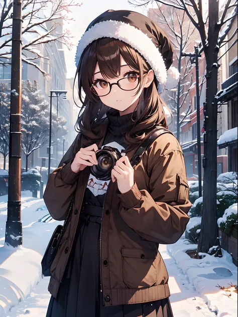 1人の女性、brown haired(Curta)、Brown eyes、Black-rimmed glasses、 Best Quality、ultra-detailliert、8K resolution、Raw photo、masutepiece、gorgeous faces、Perfect body、Winter scene、Playing in the snow