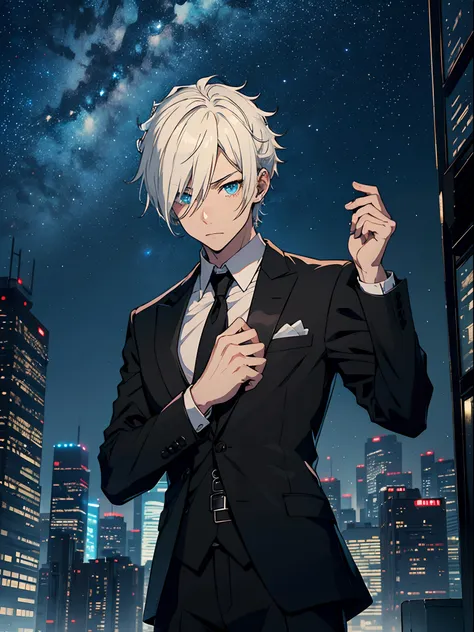 ciberpunk, Anime Adult Guy Blonde, higly detailed, white colored hair, black jacket & Formal wear, black undershirt, the stars, stars in thr sky, sky scrapers, City of High Technologies