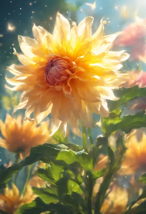 There are yellow flowers with stars in the background, a glowing delicate flower, Giant Dahlia Flower Head, Luminous flowers, Close-up of giant dahlia flower head, photorealistic detailed picture, Beautiful flowers, Drawing flowers, Yellow glowing magic, R...