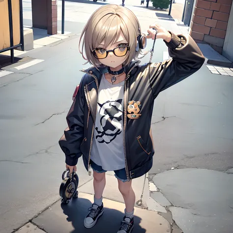 c4tt4stic, cute 10 year old girl,cartoon on a jacket and skateboard, sunglasses,headphone neck,