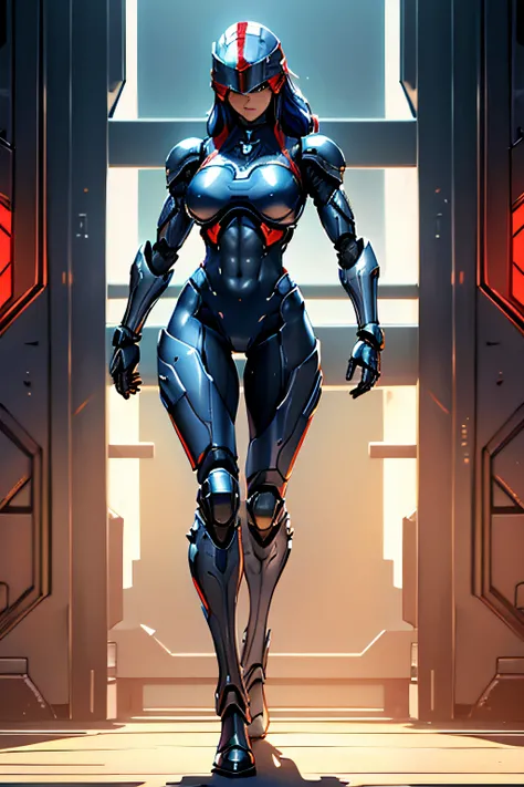 arafe female robocop solo、Big breasts about to burst、full body armored、Red and silver armor、thin and long legs,、Long metallic blue hair、Fitness Body Shape、Helmet with visor to cover the eye area、Pose ready to fight、