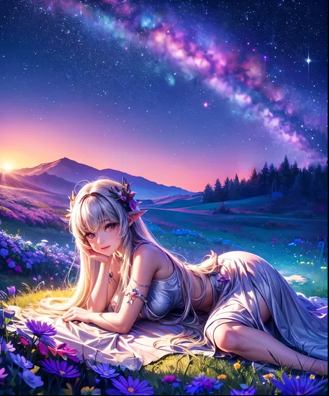 Describe a scene where a cute girl character is lying on a grassy hill, Looking up at the starry sky. Surround her with colorful nebulae and her favorite constellations.