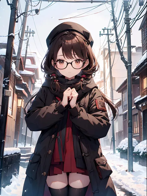 1人の女性、brown haired(Curta)、Brown eyes、Black-rimmed glasses、 Best Quality、ultra-detailliert、8K resolution、Raw photo、masutepiece、gorgeous faces、Perfect body、Winter scene、Playing in the snow