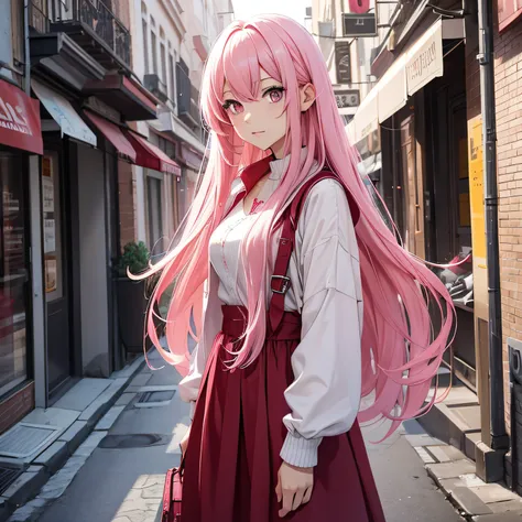 A long pink hair，red color eyes，A woman of about 20 years old，On the street