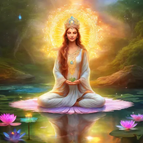 Yoga position light spectrum with the seven chakras around, vibrante colorsa colorslashh An explosion of colors, Beautiful woman in white sitting on water lilies, complex stuff around, intricate in the background, Spiritual, divine, dreamlike, cosmic, mind...