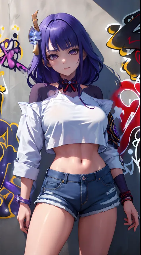 Raiden Shogun Genshin Effects Effects, master-piece, bestquality, 1girls, bara, crop top, Long Jean Jan Shirt, shorts jeans, choker, (Graffiti:1.5), color splashes, arm behind back, against wall, looking at the audience, bracelet, Thigh strap, Head tilt, b...