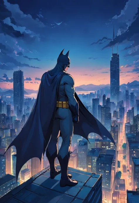 Batman on top of a tall building, observando a cidade de Gotham city, ambiente escuro e sombrio, fundo de noite, bat sign in the sky