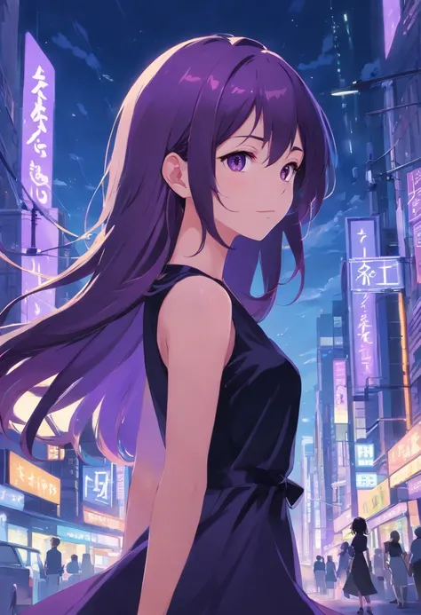 anime girl long hair with dark purple using black dress