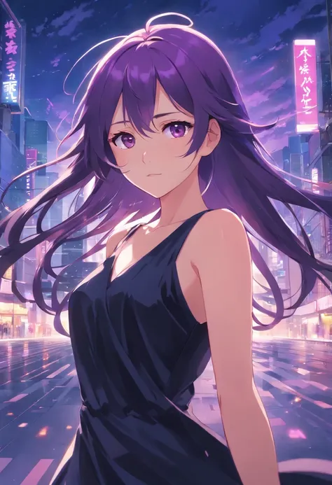 anime girl long hair with dark purple using black dress