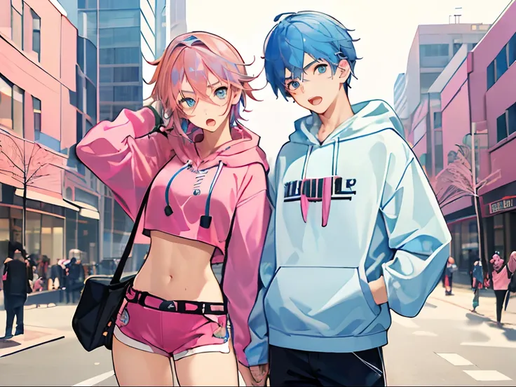 masterpiece, best quality, (expressive eyes:1.5), (perfect face:1.5), (teenage:1.4),(boy and girl:1.5), (brother and sister), group shot, full body wide angle, {(sister, pink hair, pink crop top)}, {(brother, blue hair, hoodie)} public, mall, hetero,