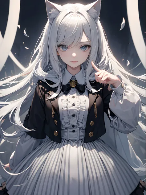 1 girl, Emerge from the swirling shadows. Stand in the Cemetery of Forgotten Souls. (Light grey and light white striped hair:1.3,), Perfect face, Proper body proportion, masterpiece, Super high-quality, 超A high resolution, Intricate details, Very delicate ...