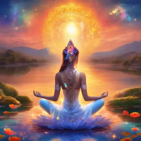 Colorful glow, Yoga position light spectrum with the seven chakras around, vibrante colorsa colorslashh An explosion of colors, Beautiful woman in white sitting on water lilies, complex stuff around, intricate in the background, Spiritual, divine, dreamlik...