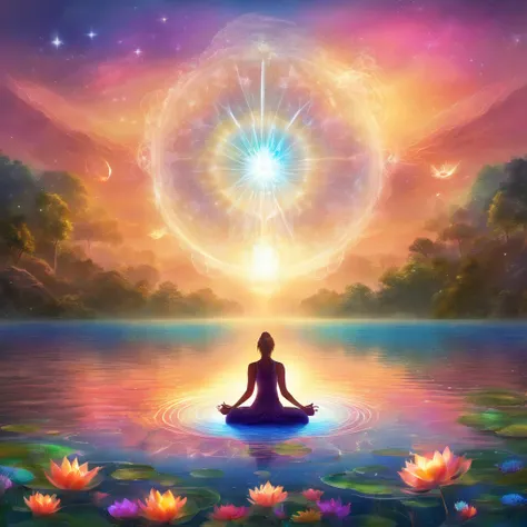 Colorful glow, Yoga position light spectrum with the seven chakras around, vibrante colorsa colorslashh An explosion of colors, Beautiful woman in white sitting on water lilies, complex stuff around, intricate in the background, Spiritual, divine, dreamlik...