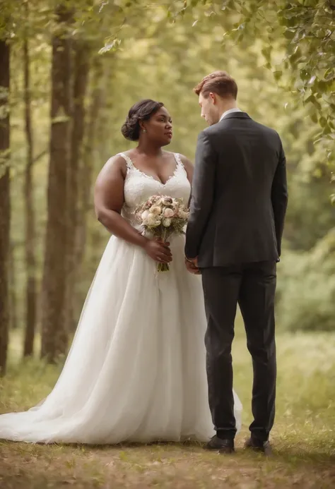 black chubby lady and brown slender man getting married