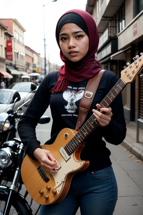 Capture a dynamic portrait of the Malay girl in hijab playing her guitar with fervor, her fingers strumming the strings passionately, while a powerful motorbike stands in the background, symbolizing her rebellious spirit.