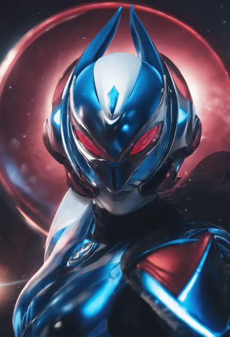 Female Kamen Rider，Dolphin motif，The symbol is a fish，Blue based on image color，White Line，Sentai Hero，Woman，Kamen Rider，Cover the entire face，Full Face Mask，mask，4 round eyes，Fisheye，Biological bodysuits，Armsword，Muscular decoration，Hero Suit，Feminine bod...