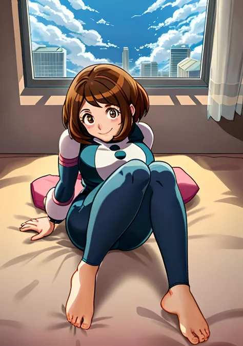 [ochako uraraka; Boku no hero academia], ((high quality)), ((solo portrait)), ((birds-eye view)), ((full body)), ((feet visible)), ((HD)), ((cute)), ((anime)), ((cel shading)), ((detailed shading)), ((intricate details)), {ochako, (rosy cheeks), big round ...