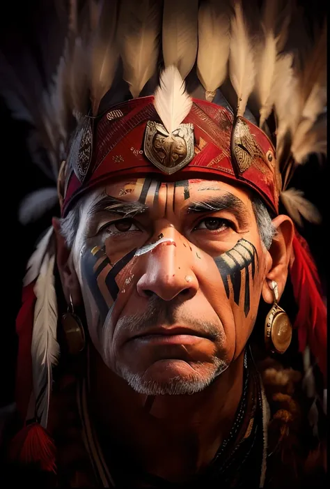 Extremely perfect cinematic hyperrealistic image of a closeup of a man with a feather headdress and a feather on his head, Indian warrior, Nativo americano, retrato ultra detalhado, Guerreiro nativo americano, arte digital altamente realista, rostos incriv...