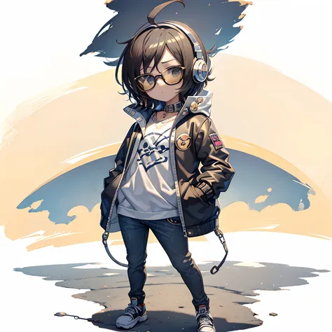 c4tt4stic, cute 8 year old girl,cartoon on a jacket and skateboard, sunglasses,headphone neck,