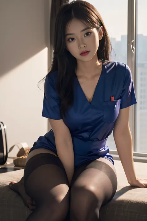 (full bodyesbian:1.5)，(1girll:1.3),(view the viewer:1.4)，(anatomy correct:1.4),(Sit on top of the hill:1.2),(Wear a nurse suit:1.2),(Opaque pantyhose:1.3),( Girls pointed-toe thick heels :1.1),(Accurate and perfect face:1.3),(Long legs:1.3),hyper HD, Ray t...