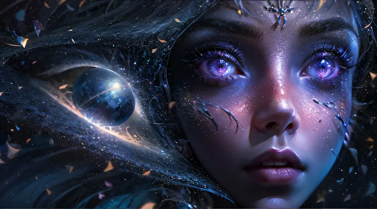 Alien Girl, purple lips, Eyes glow, Through the eyes of space, Huge eyes on his face, ultrarealism, Glitter, tinsel, Glowing dust, overdetalization,(Background: fractals, metamorphoses, filigree, Energy Flows ) The texture of the skin is detailed, Cinemati...