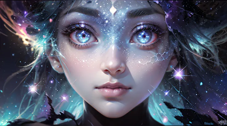 Alien Girl, purple lips, Eyes glow, Through the eyes of space, Huge eyes on his face, ultrarealism, glistering, tinsel, Glowing dust, overdetalization,(Background: fractals, metamorphoses, filigree, Energy Flows ) The texture of the skin is detailed, Cinem...