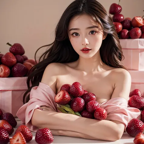 femele、big eye、Super Detail Eyes、Hair in super detail、curlyhair、Fetishes、bokeh feeling、portlate、Natural makeup、sweets、Vivid、fruit、strawberry、Red berries、Dolce、Beautifully shaped breasts、red-lips、Little red cheeks、1 person、Beautiful nails、realisitic、Realist...