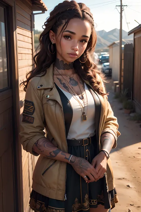 (D850 35mm), Portrait photo of a (South African mixed race woman) with brown hair, wearing jacket over dress, tattoos, detailed, (detailed outdoor background), RAW photo, 8k uhd, dslr, high quality, film grain, (sharp focus:1.1)