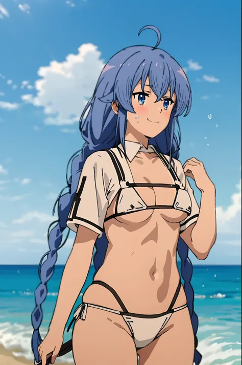 Roxy, 1girl, solo, ((light smile)), ((light blush)), twin braids, long hair, blue hair, ahoge, blue eyes, ((bikini, white bikini)), small breasts, standing, looking at the viewer, beach, ocean, water, splash, clouds, ((masterpiece)), best quality, high det...