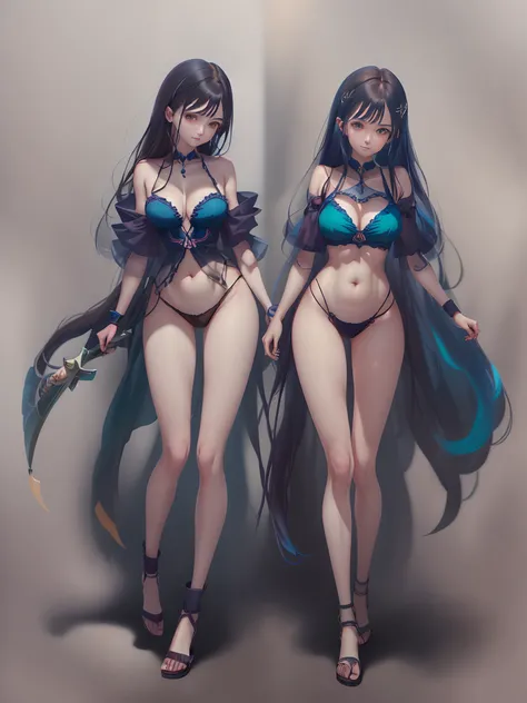 Brown hair, surrealism, Ghibli-like colors,  Ghibli-like colors, anime big breast,  Standing painting, angle of view,  foreshortening, foreshortening, 8K, Super detail，Women have full breasts and blue hair,hentail realism, shadowing,，character sheets, refe...