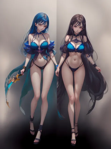 Brown hair, surrealism, Ghibli-like colors,  Ghibli-like colors, anime big breast,  Standing painting, angle of view,  foreshortening, foreshortening, 8K, Super detail，Women have full breasts and blue hair,hentail realism, shadowing,，character sheets, refe...