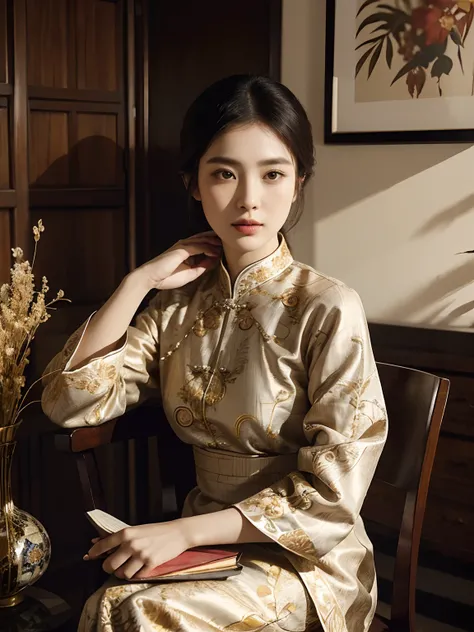 araffe woman sitting on a chair holding a book and a vase of dried plants, portrait shot, mid shot portrait, wearing an ornate outfit, traditional beauty, gorgeous lady, batik, elegant portrait, fanart, classic portrait, traditional clothes, asian woman, a...