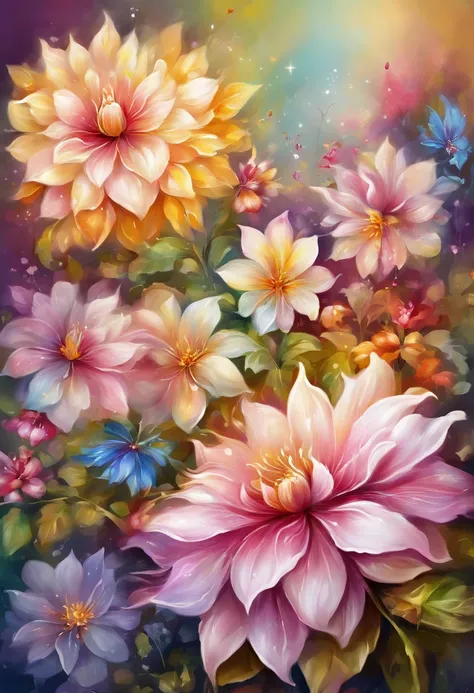 Digital art detailed for the best masterpieces, Highest Quality, with sparkling delicate yellow and pink dahlia flowers with elegant leaves,、Flowers against the background of colorful diamonds, Graceful stems, And delicate, And elegant, flowey, Glittering ...