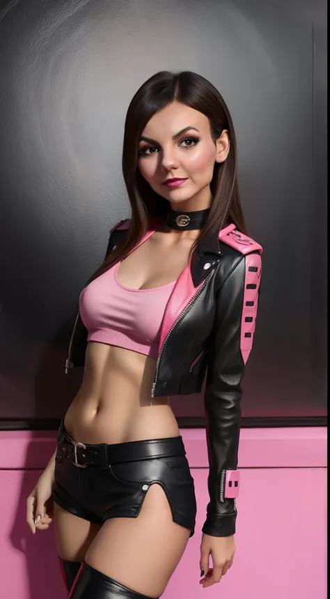 Victoria justice as beautiful female superheroine . dark brown hair brown eyes wears a black midriff top with a red stripe on the center and an opening on the chest , wears a domino mask. Wears a small pink leather jacket , wears black shorts that in red i...