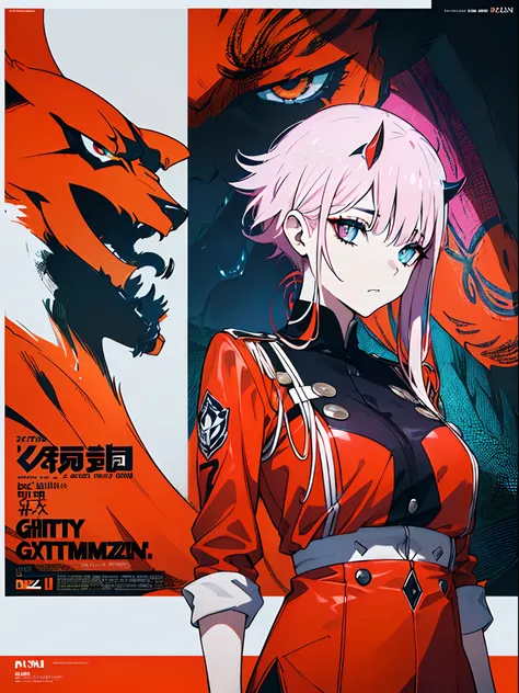 ((((dramatic)))、(((gritty)))、(((vehement))), zero two, movie poster featuring a young woman as the main character。she stands con...