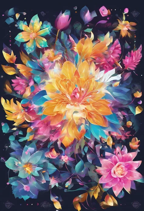 Digital art detailed for the best masterpieces, Highest Quality, with sparkling delicate yellow and pink dahlia flowers with elegant leaves,、Flowers against the background of colorful diamonds, Graceful stems, And delicate, And elegant, flowey, Glittering ...